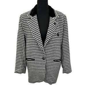 VINTAGE 90s Two Roads Black White Houndstooth Velvet Blazer